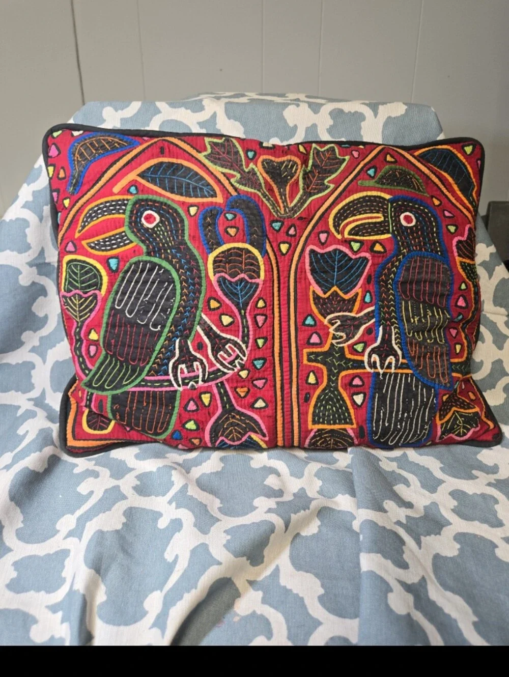 Pair of Vintage animal design mola kuna  folk art  throw pillows